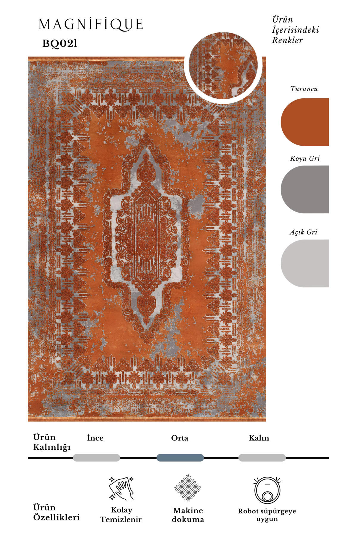 Pierre Cardin Magnifique Gri-Turuncu 6 mm İpek Yumuşak Yıkanabilir İnce Kaymaz Dikdörtgen Makine Dokuma Salon Halısı 60x100 cm