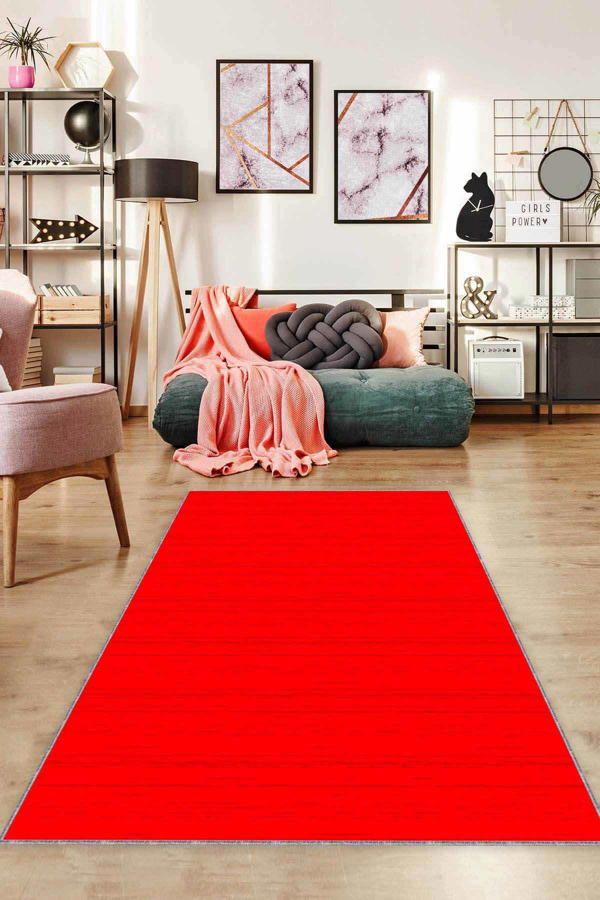 Viva Home ST04 Kırmızı 7 mm Mikropolyester Yıkanabilir Kaymaz Taban Dikdörtgen Makine Dokuma Halı 160x230 cm