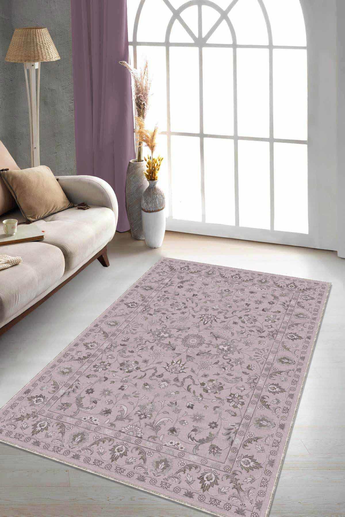Viva Home RV295 Pembe 7 mm Mikropolyester Toz Tutmaz Yıkanabilir İnce Kaymaz Dot Taban Dikdörtgen Makine Dokuma Salon Halısı 100x150 cm