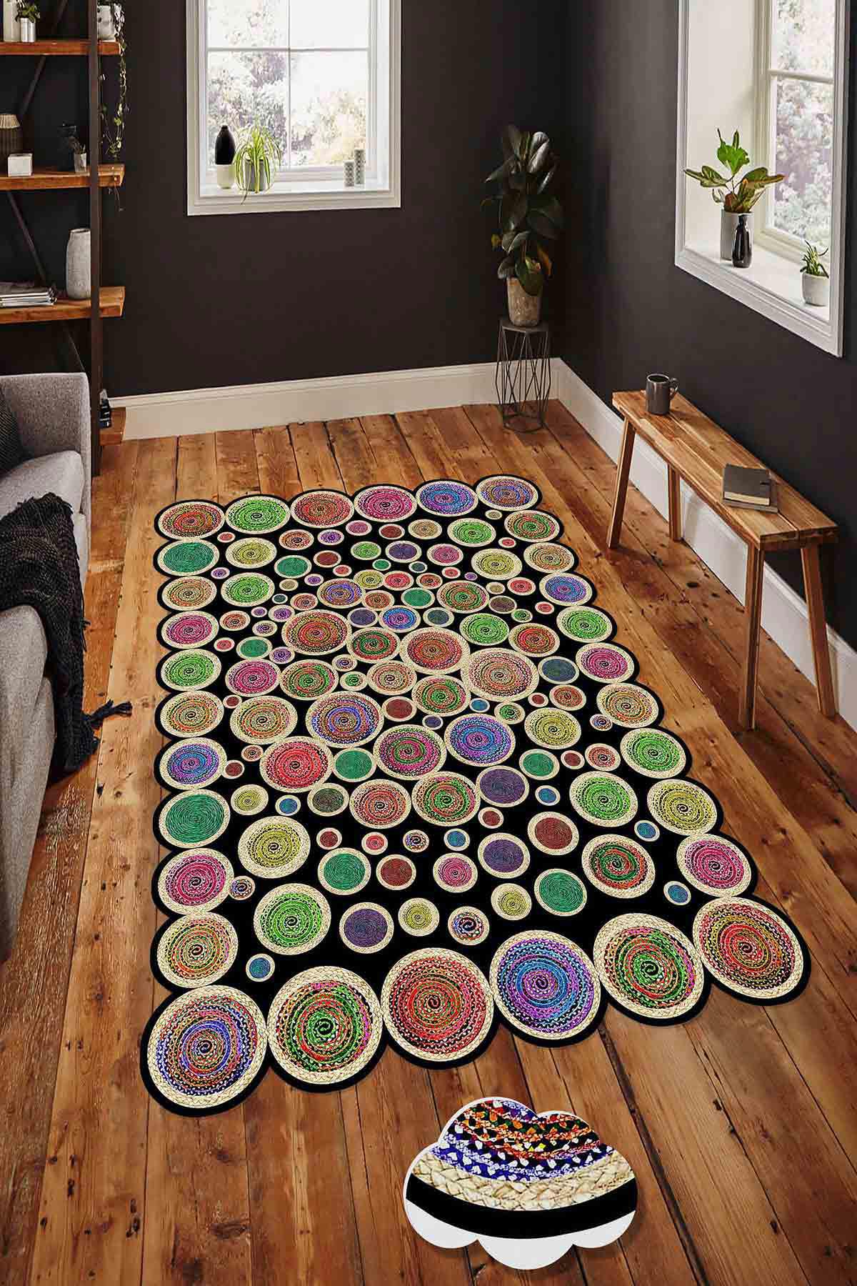 Homefesto Krem 5 mm Polyester Leke Tutmaz Yıkanabilir İnce Kaymaz Taban Geometrik Oval Makine Dokuma Salon Halısı 80x150 cm