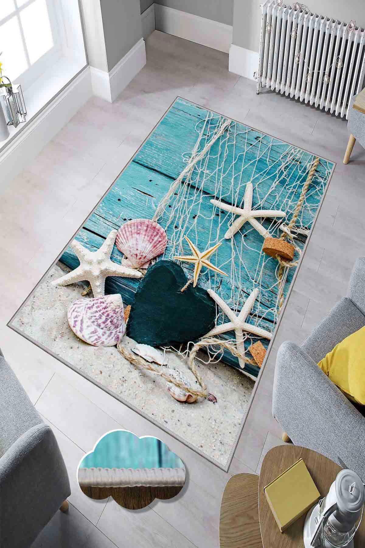 Homefesto Krem 5 mm Polyester Leke Tutmaz Yıkanabilir İnce Kaymaz Taban Doğa Temalı Dikdörtgen Makine Dokuma Salon Halısı 100x300 cm