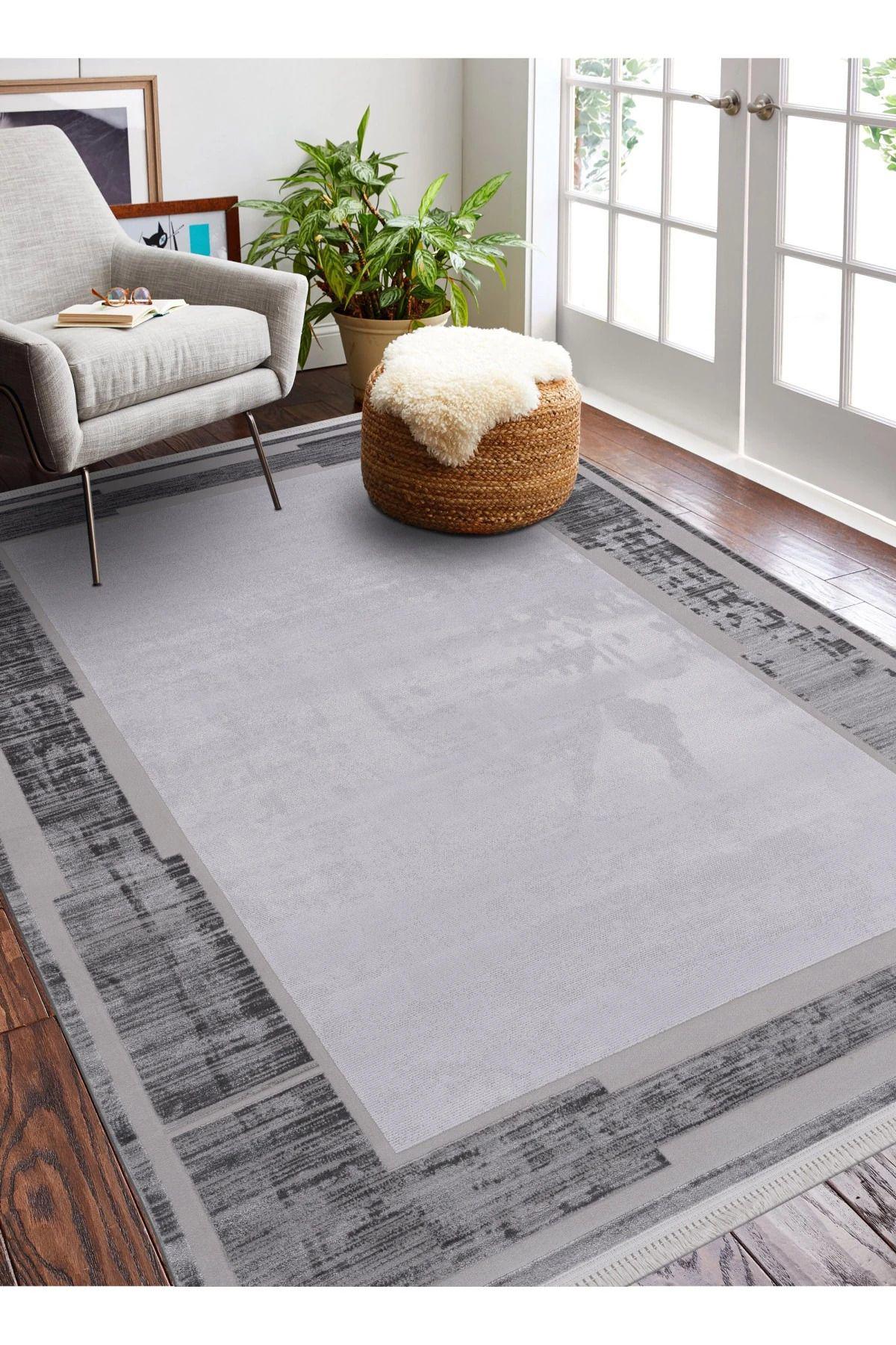 Atlas Halı Mondeo Antrasit 6 mm Viskon Yıkanabilir İnce Kaymaz Jüt Taban Dikdörtgen Makine Dokuma Salon Halısı 133x190 cm