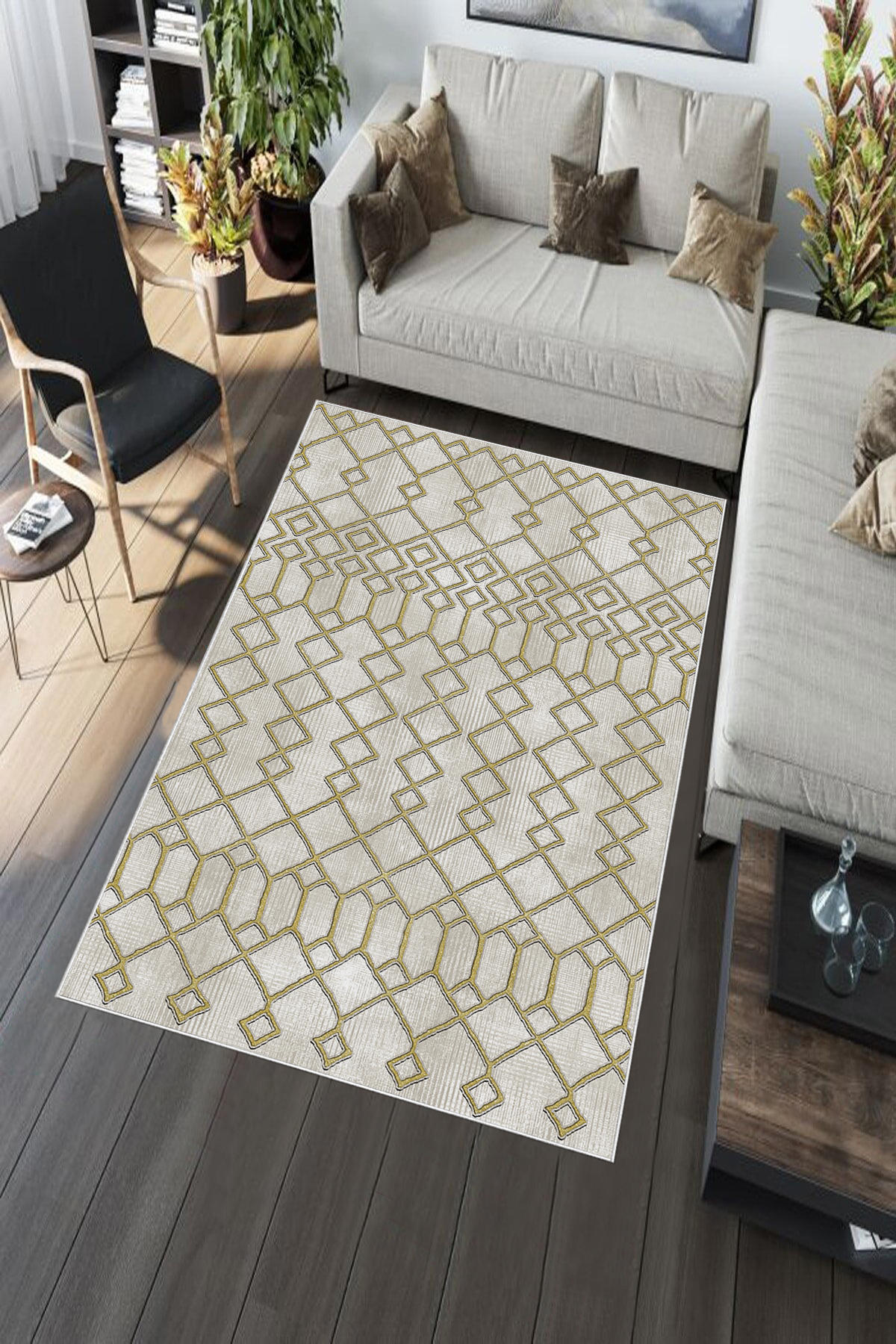 Aldora Altın 0.8 mm Polipropilen Yıkanabilir Orta Kaymaz Deri Taban Dikdörtgen Makine Dokuma Salon Halısı 120x180 cm
