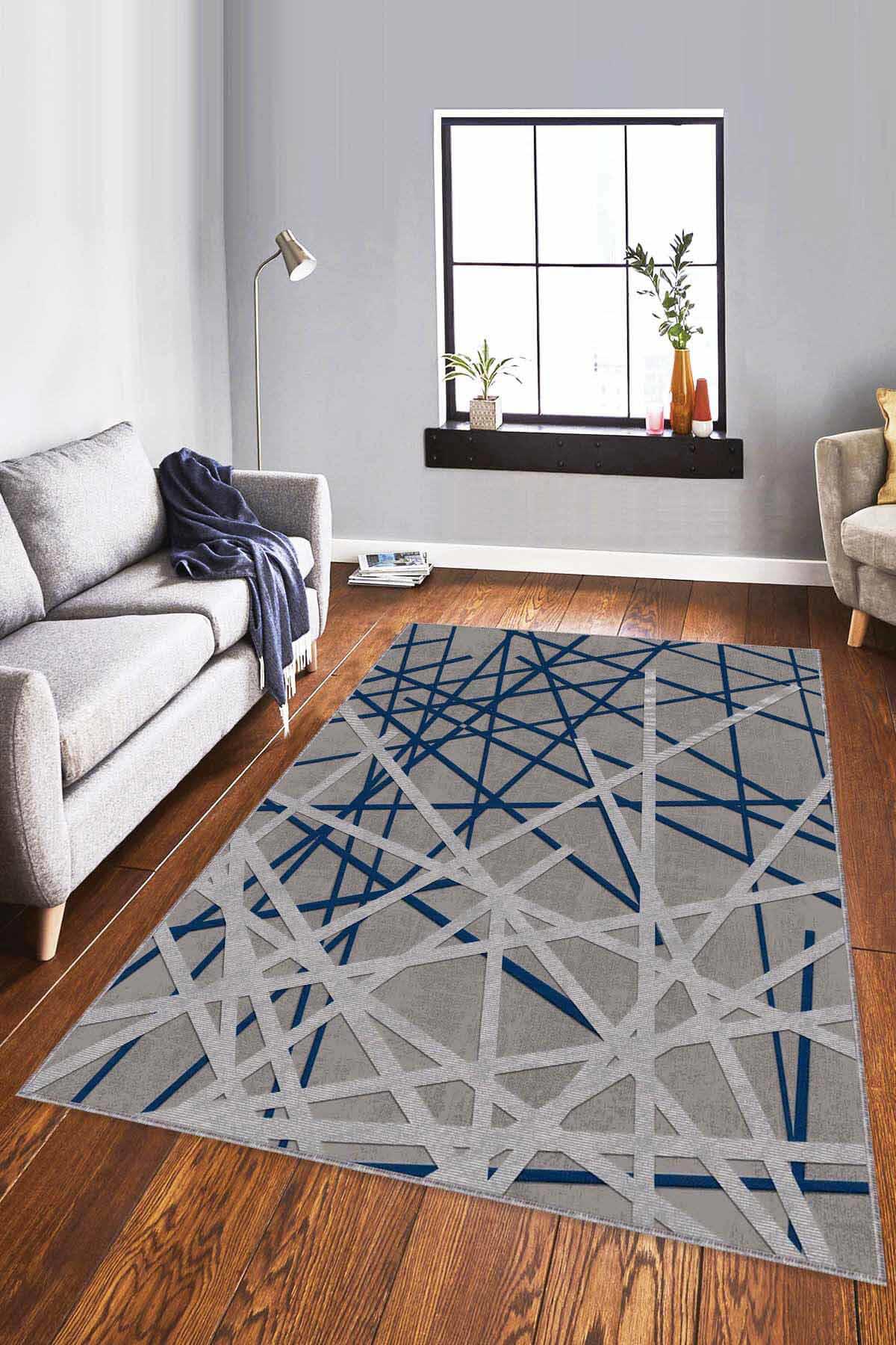 Viva Home RV170 Lacivert 7 mm Mikropolyester Antibakteriyel Yıkanabilir İnce Kaymaz Dikdörtgen Makine Dokuma Salon Halısı 140x200 cm