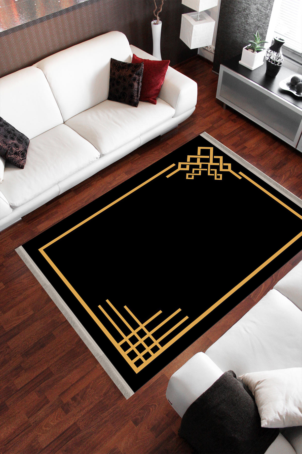 Homier Collection H-KS-3093B Altın-Siyah 7 mm Pamuk Antibakteriyel Yıkanabilir Orta Kaymaz Dot Taban Dikdörtgen Makine Dokuma Salon Halısı 100x150 cm