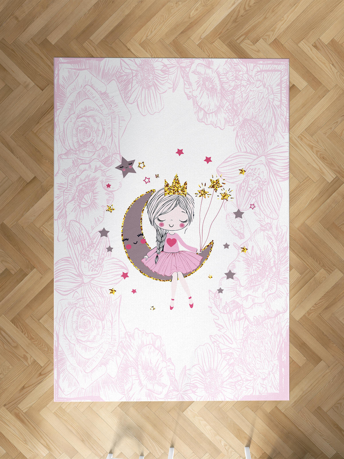 Mekta Home Ay-Kız Krem 10 mm Antibakteriyel Yıkanabilir İnce Kaymaz Dot Taban Dikdörtgen Makine Dokuma Çocuk Odası Halısı 120x150 cm