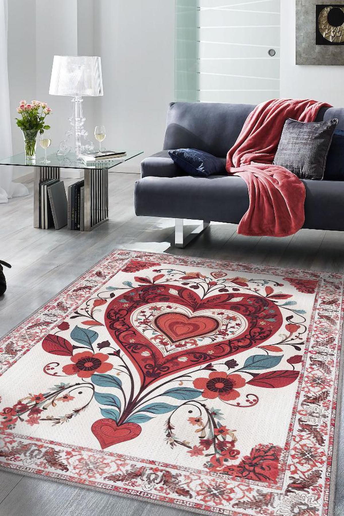 Homshtag Sevgi Aşk Yer Çok Renkli 4 mm Pamuk Antistatik Yıkanabilir İnce Kaymaz Dikdörtgen Makine Dokuma Salon Halısı 200x300 cm