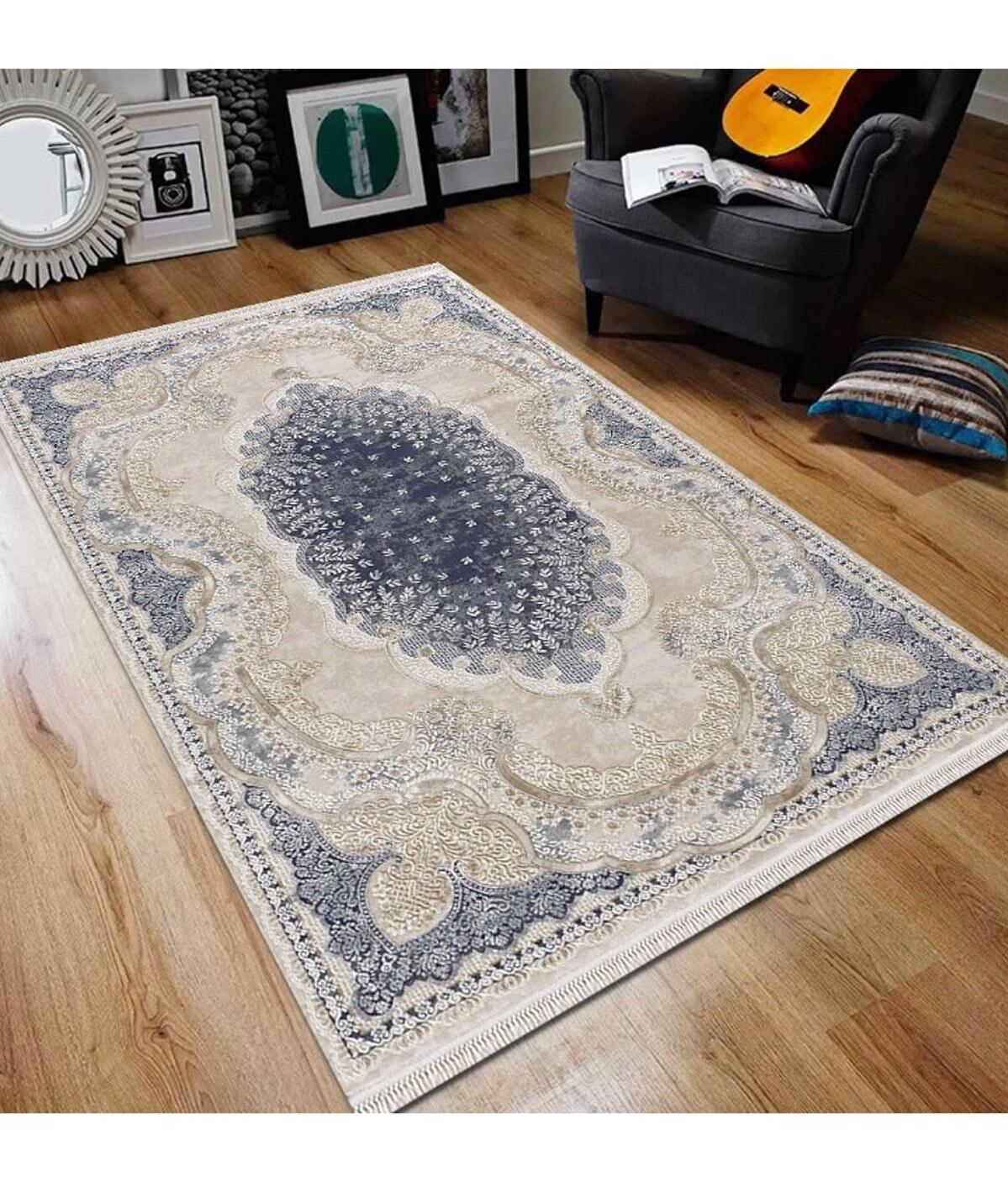 Merinos  Rodin 19777 Krem 12 mm Akrilik Toz Tutmaz Yıkanabilir Kalın Kaymaz Jel Taban Geometrik Dikdörtgen Makine Dokuma Salon Halısı 100x200 cm
