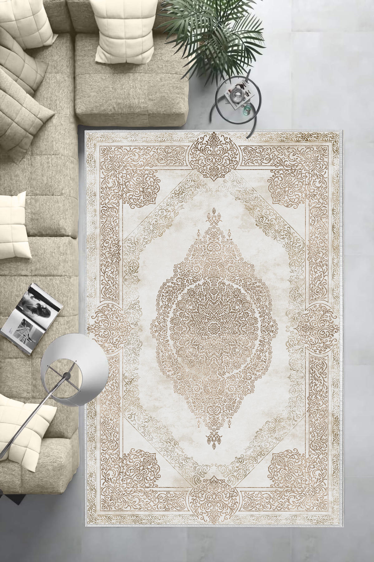 Aldora Gri - Vizon 0.8 mm Polipropilen Yıkanabilir Orta Kaymaz Deri Taban Dikdörtgen Makine Dokuma Salon Halısı 120x350 cm