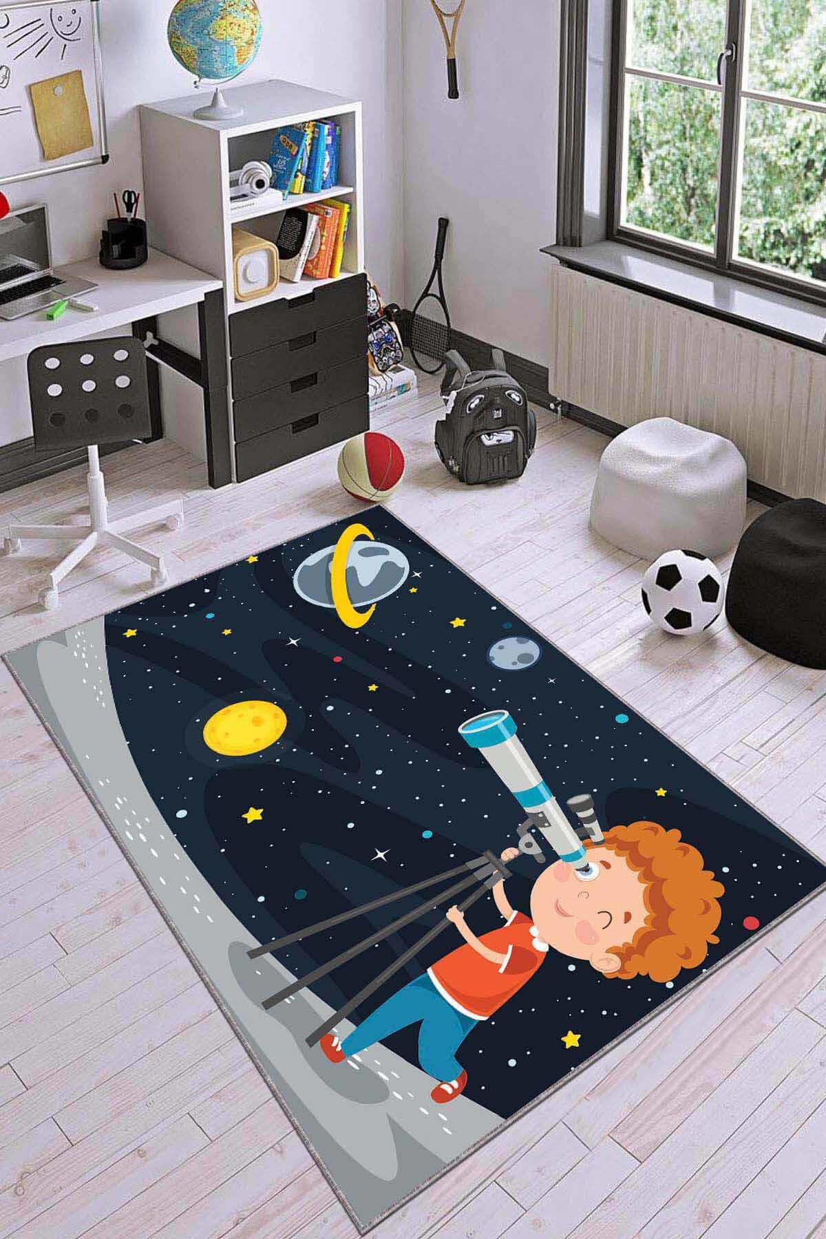 Viva Home KD127 Lacivert 7 mm Mikropolyester Leke tutmaz Yıkanabilir İnce Kaymaz Dikdörtgen Makine Dokuma Çocuk Odası Halısı 80x150 cm