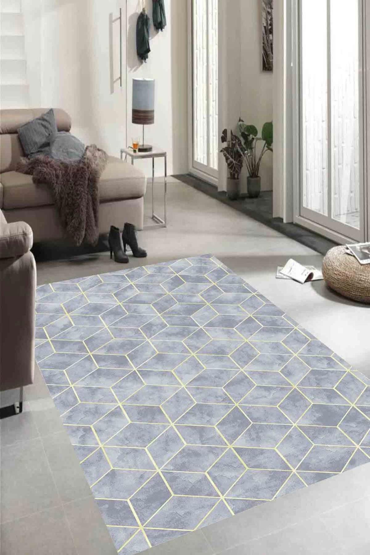 Homefesto Krem 5 mm Polyester Leke Tutmaz Yıkanabilir İnce Kaymaz Taban Geometrik Dikdörtgen Makine Dokuma Salon Halısı 100x100 cm