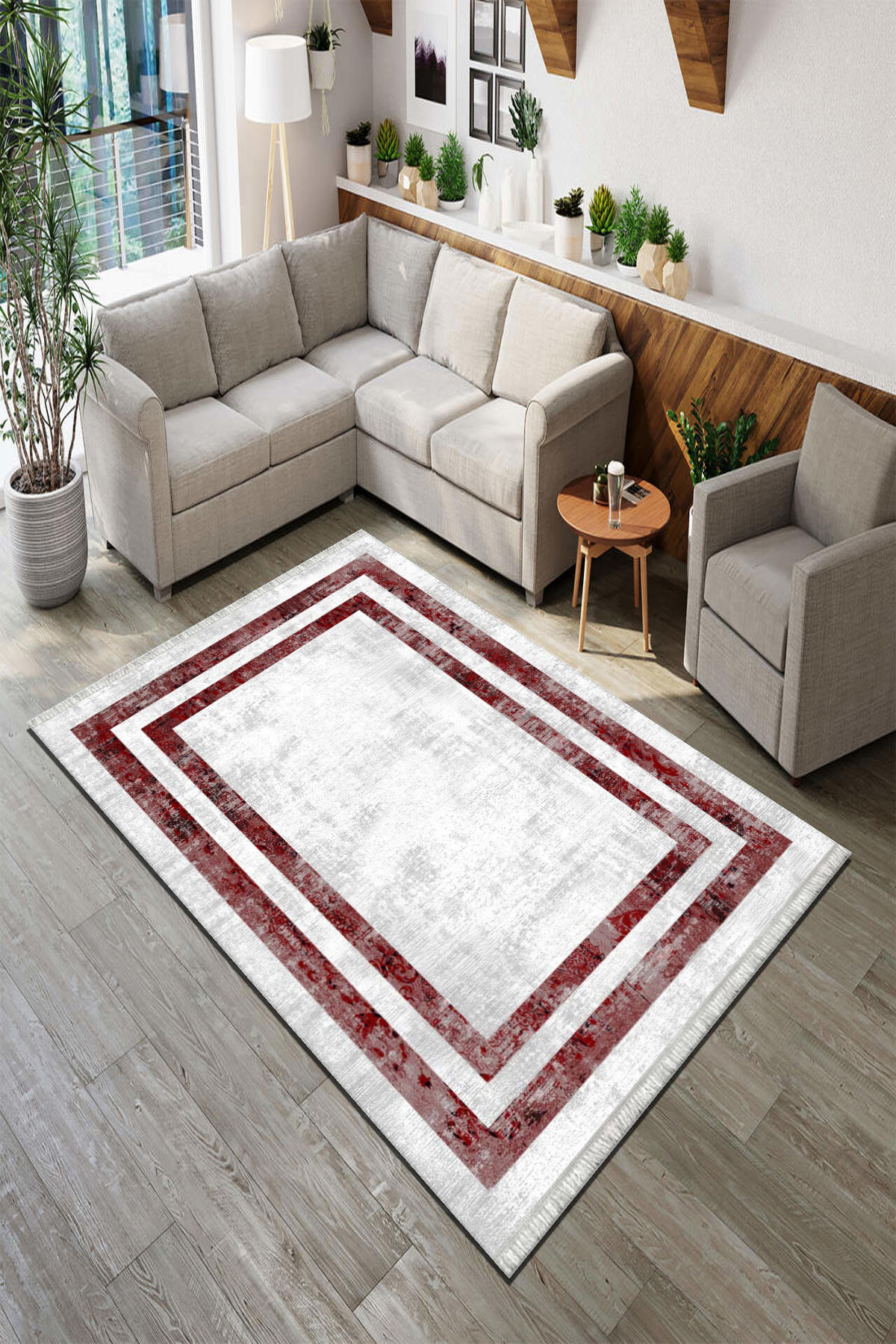 Roslyn Home Beyaz - Kırmızı 6 mm Polyester Toz Tutmaz Yıkanabilir İnce Kaymaz Dot Taban Dikdörtgen Makine Dokuma Salon Halısı 80x300 cm