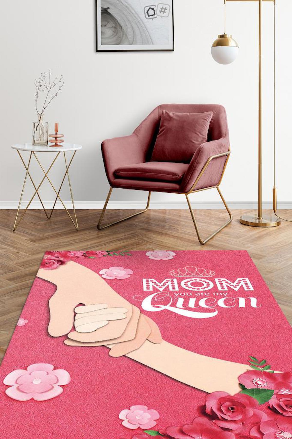 Homshtag Benim Annem Kraliçe Krem 4 mm Pamuk Antistatik Yıkanabilir İnce Kaymaz Dikdörtgen Makine Dokuma Salon Halısı 200x300 cm
