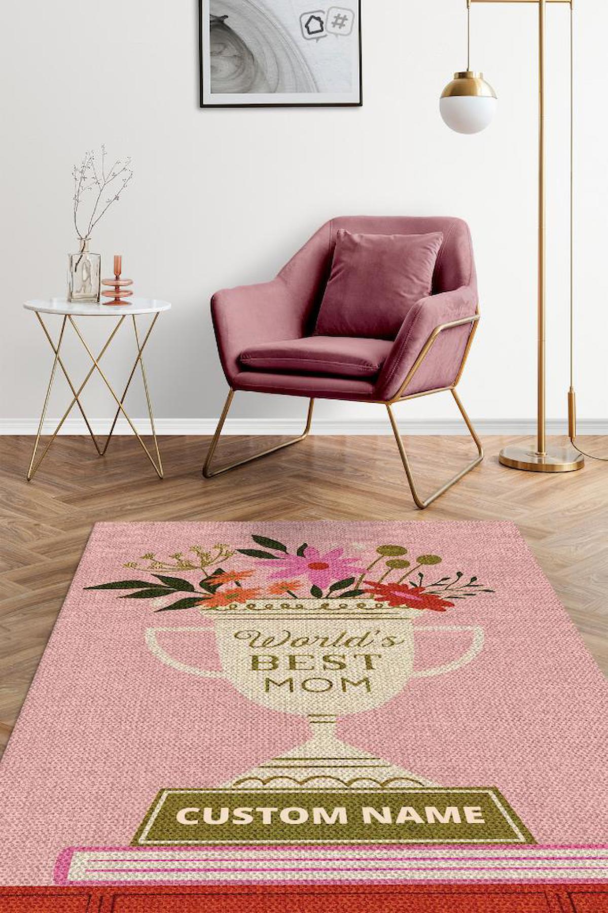 Homshtag Dünyanın En İyi Annesi Krem 4 mm Pamuk Antistatik Yıkanabilir İnce Kaymaz Dikdörtgen Makine Dokuma Salon Halısı 120x180 cm