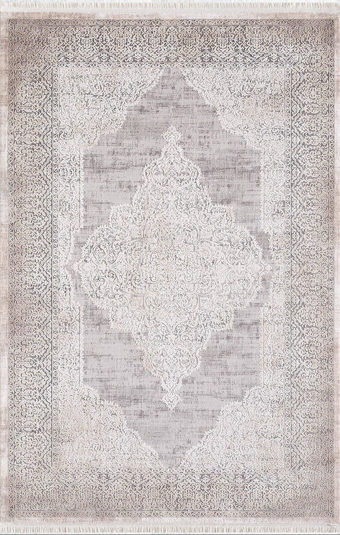 Artemis Halı Barok Bej-Gri 7 mm Viskon Yıkanabilir İnce Kaymaz Jüt Taban Dikdörtgen Makine Dokuma Salon Halısı 150x230 cm