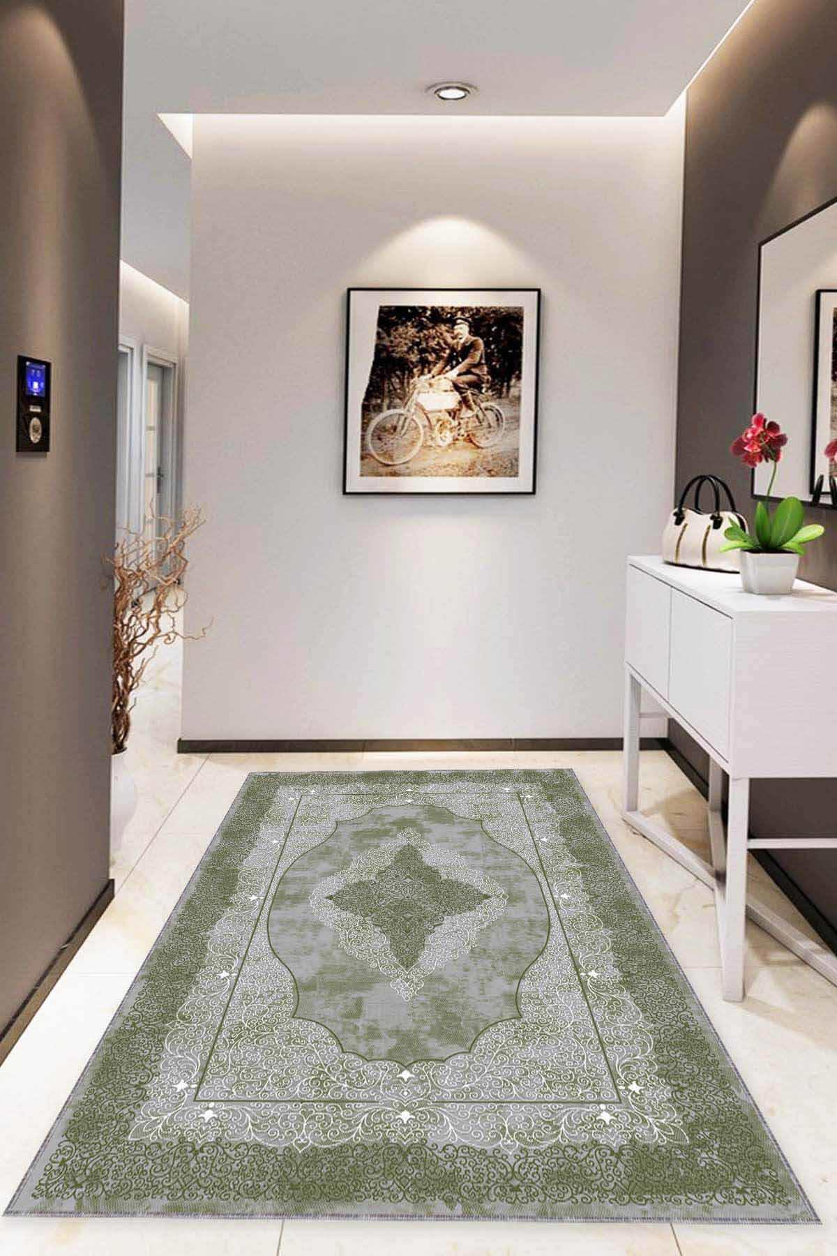 Viva Home MK28 Yeşil 7 mm Mikropolyester Yalıtıma Yardımcı Yıkanabilir İnce Kaymaz Taban Dikdörtgen Makine Dokuma Antre-Salon-Yatak Odası Halısı 160x230 cm