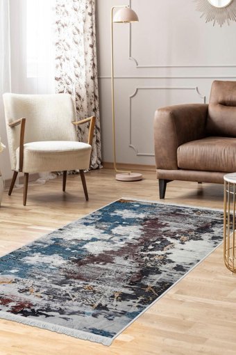 Dijidekor Mavi 6 mm Polyester Antialerjenik Yıkanabilir İnce Kaymaz Dot Taban Dikdörtgen Makine Dokuma Salon Halısı 80x500 cm