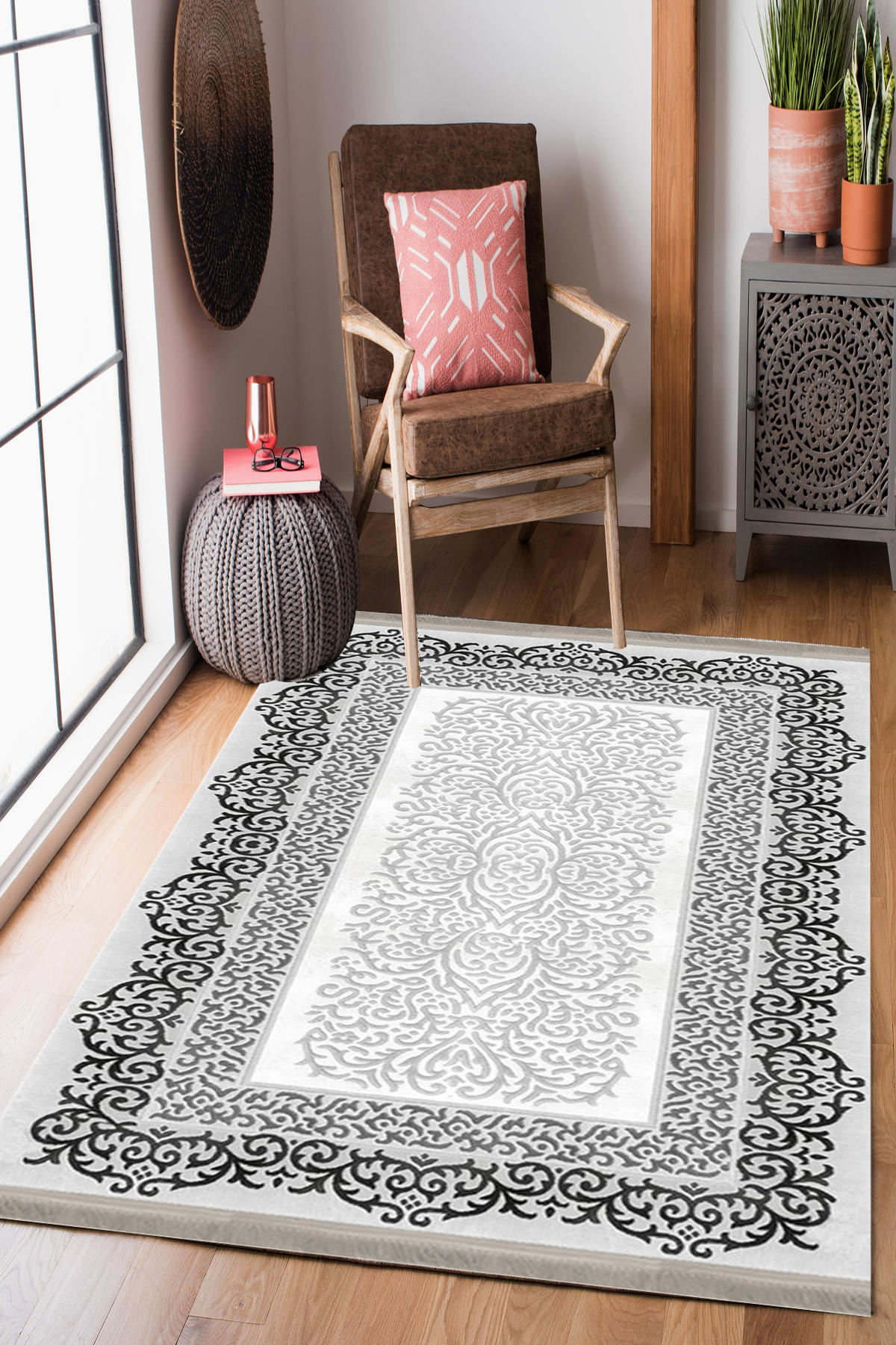 Homier Collection H-KS-3078A Beyaz-Gri 7 mm Pamuk Antibakteriyel Yıkanabilir Orta Kaymaz Dot Taban Dikdörtgen Makine Dokuma Salon Halısı 60x100 cm
