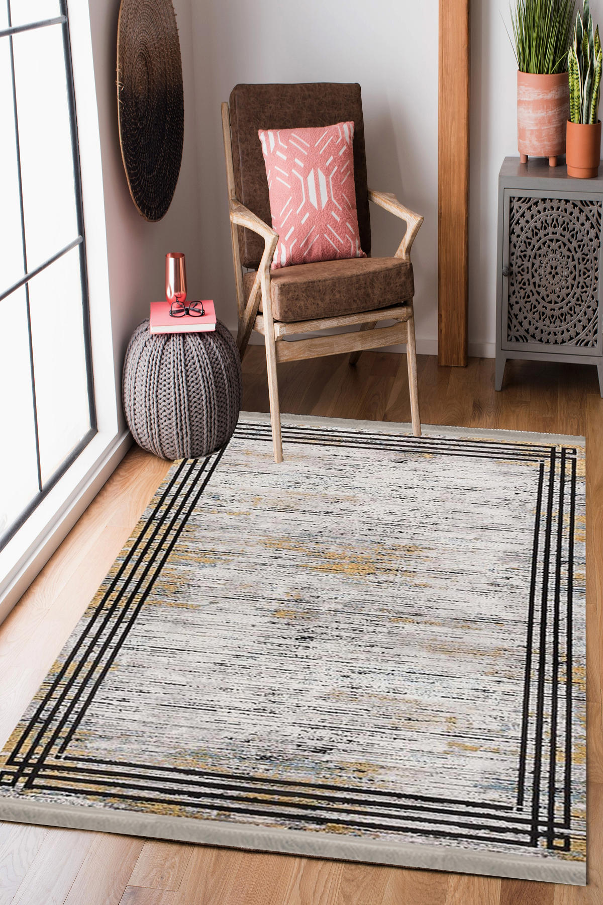 Homier Collection H-MD-0057A Bej-Siyah 7 mm Pamuk Antibakteriyel Yıkanabilir Orta Kaymaz Dot Taban Dikdörtgen Makine Dokuma Salon Halısı 100x160 cm