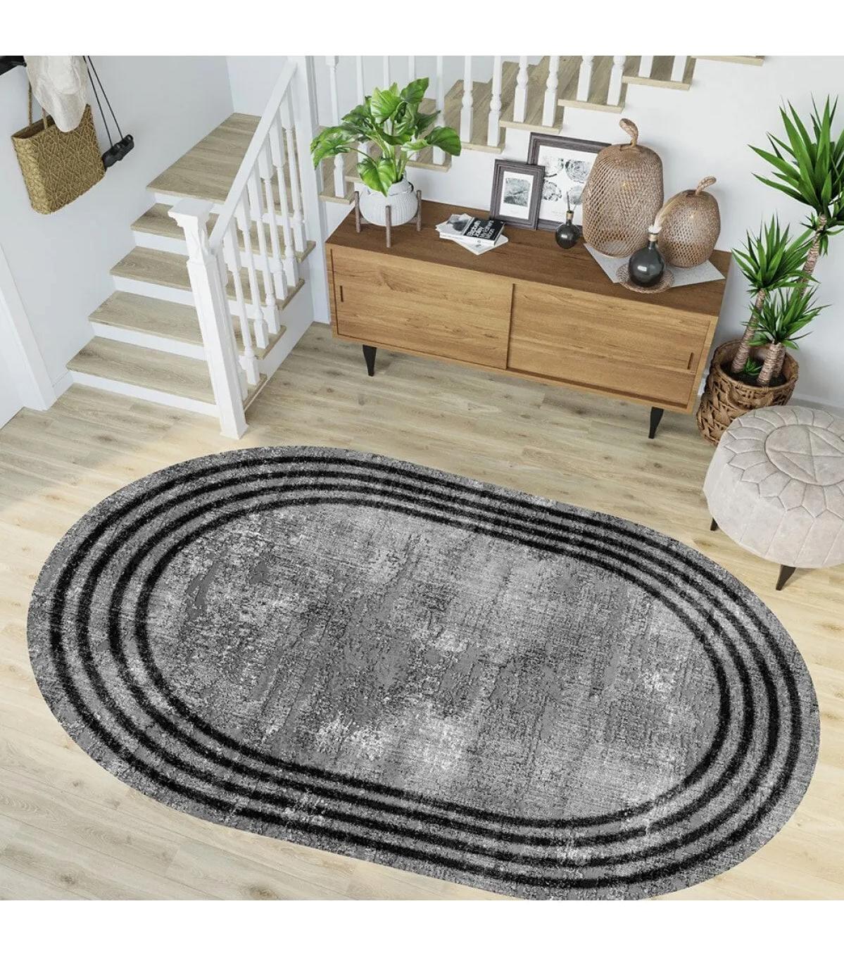 Rovigo Home RVG7255-HT486 Gri-Siyah 8 mm Polyester Yıkanabilir Orta Kaymaz Dot Taban Dikdörtgen Makine Dokuma Salon Halısı 160x235 cm