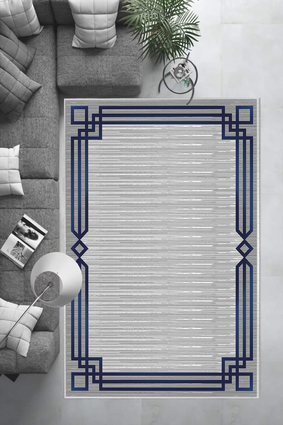 Aldora Lacivert 0.8 mm Polipropilen Yıkanabilir Orta Kaymaz Deri Taban Dikdörtgen Makine Dokuma Salon Halısı 100x300 cm
