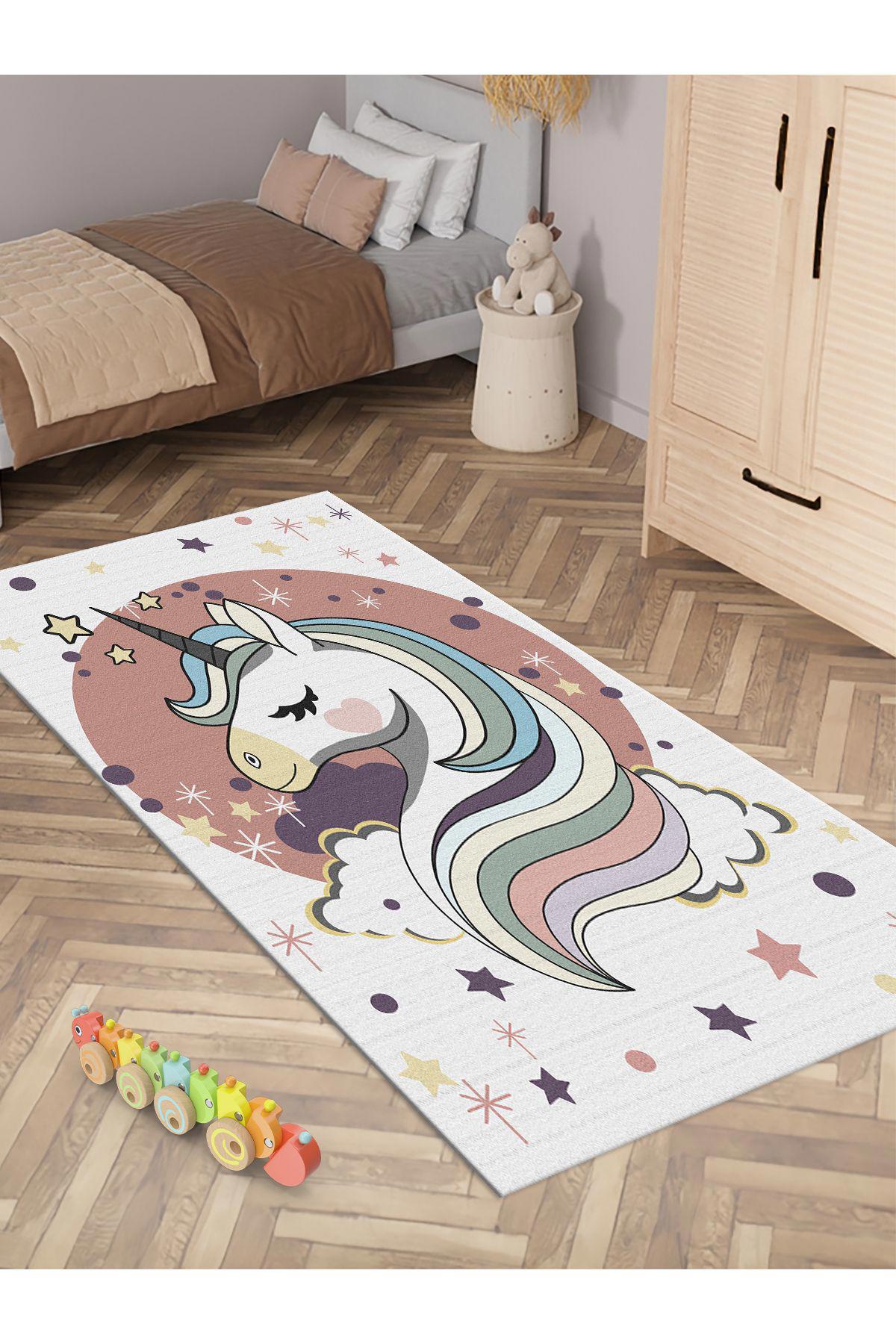 İnspira Krem 12 mm Polyester Antibakteriyel Yıkanabilir İnce Kaymaz Dot Taban Dikdörtgen Makine Dokuma Çocuk Odası Halısı 80x150 cm