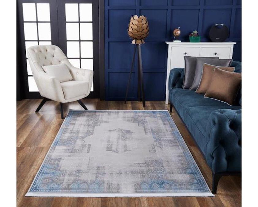 Gümüşsuyu Legro 11564 Mavi 7 mm Akrilik Antibakteriyel Yıkanabilir İnce Kaymaz Jüt Taban Dikdörtgen Makine Dokuma Salon Halısı 80x150 cm