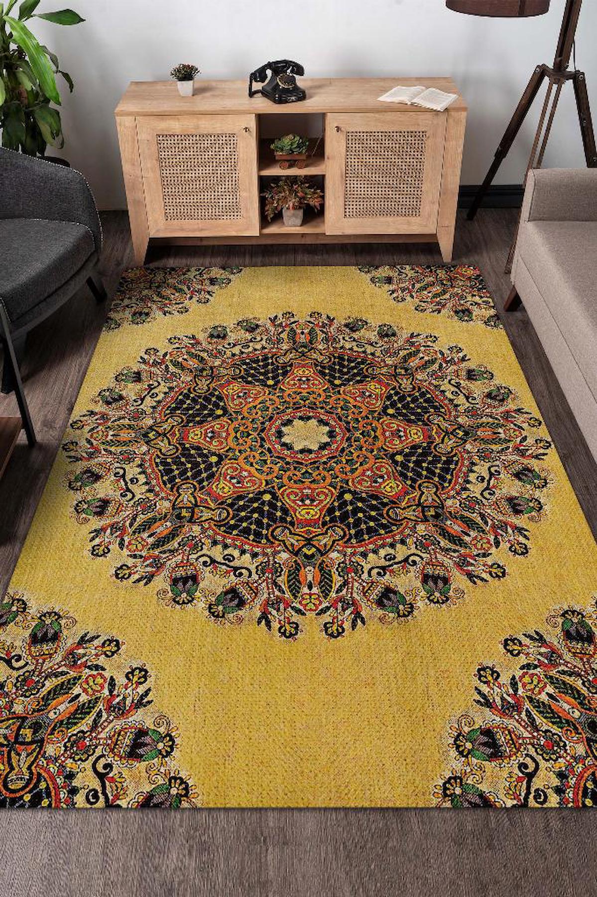 Homshtag Tezhip Krem 4 mm Pamuk Antistatik Yıkanabilir İnce Kaymaz Dikdörtgen Makine Dokuma Salon Halısı 80x300 cm
