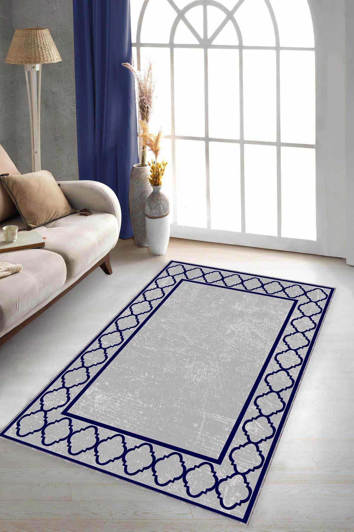 Viva Home MK80 Lacivert 7 mm Mikropolyester Leke tutmaz Yıkanabilir İnce Kaymaz Dikdörtgen Makine Dokuma Salon Halısı 100x300 cm
