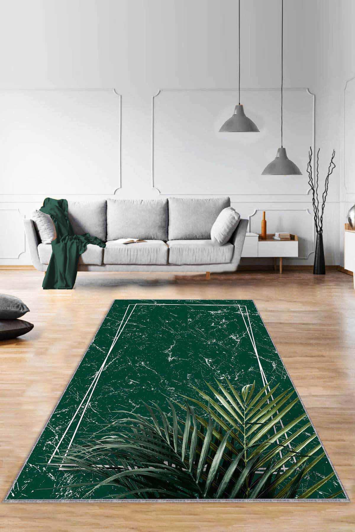Viva Home RV188 Yeşil 7 mm Mikropolyester Yalıtıma Yardımcı Yıkanabilir İnce Kaymaz Taban Dikdörtgen Makine Dokuma Antre-Salon-Yatak Odası Halısı 133x190 cm