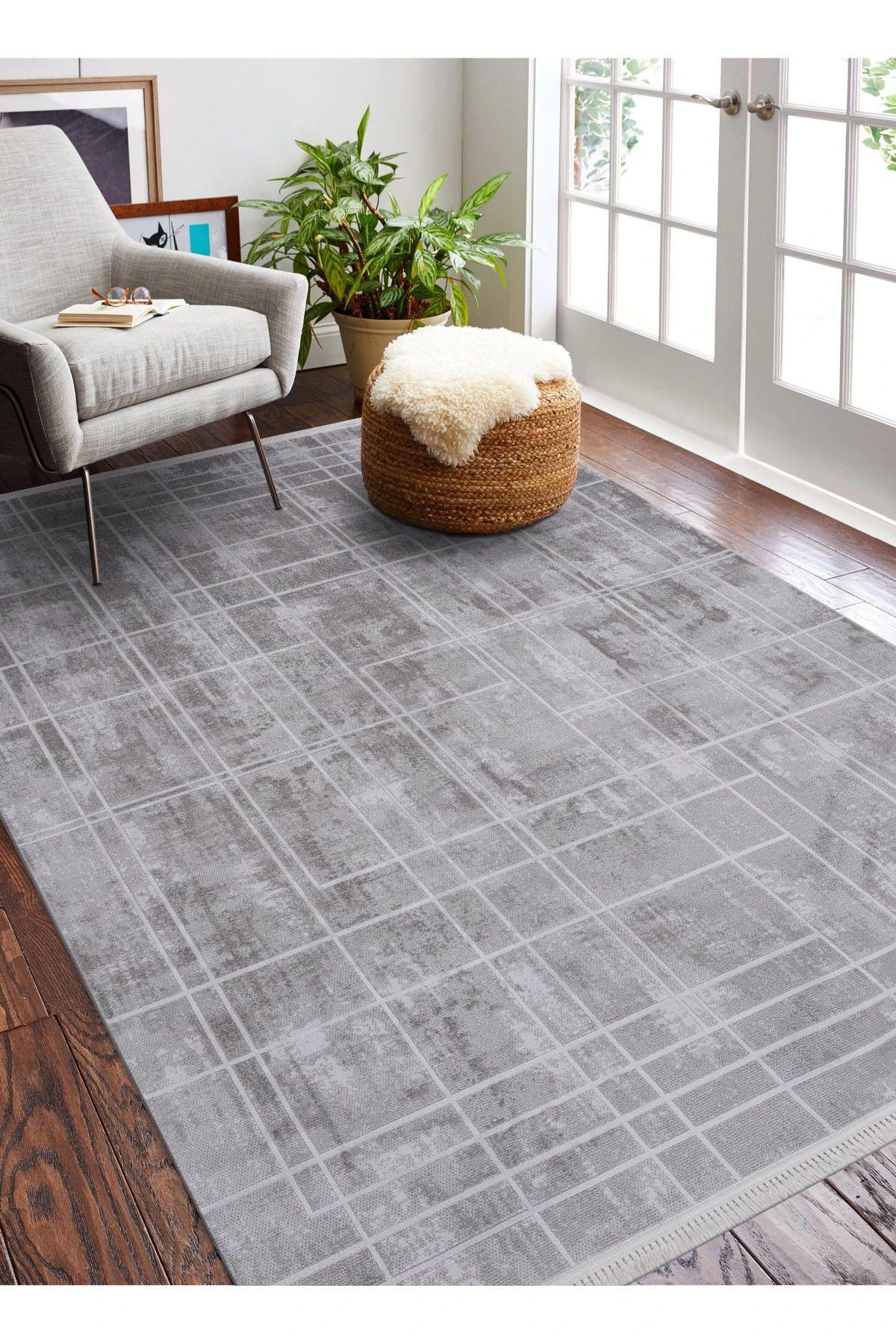 Atlas Halı Mondeo Gri-Krem 6 mm Viskon Yıkanabilir İnce Kaymaz Jüt Taban Dikdörtgen Makine Dokuma Salon Halısı 100x300 cm