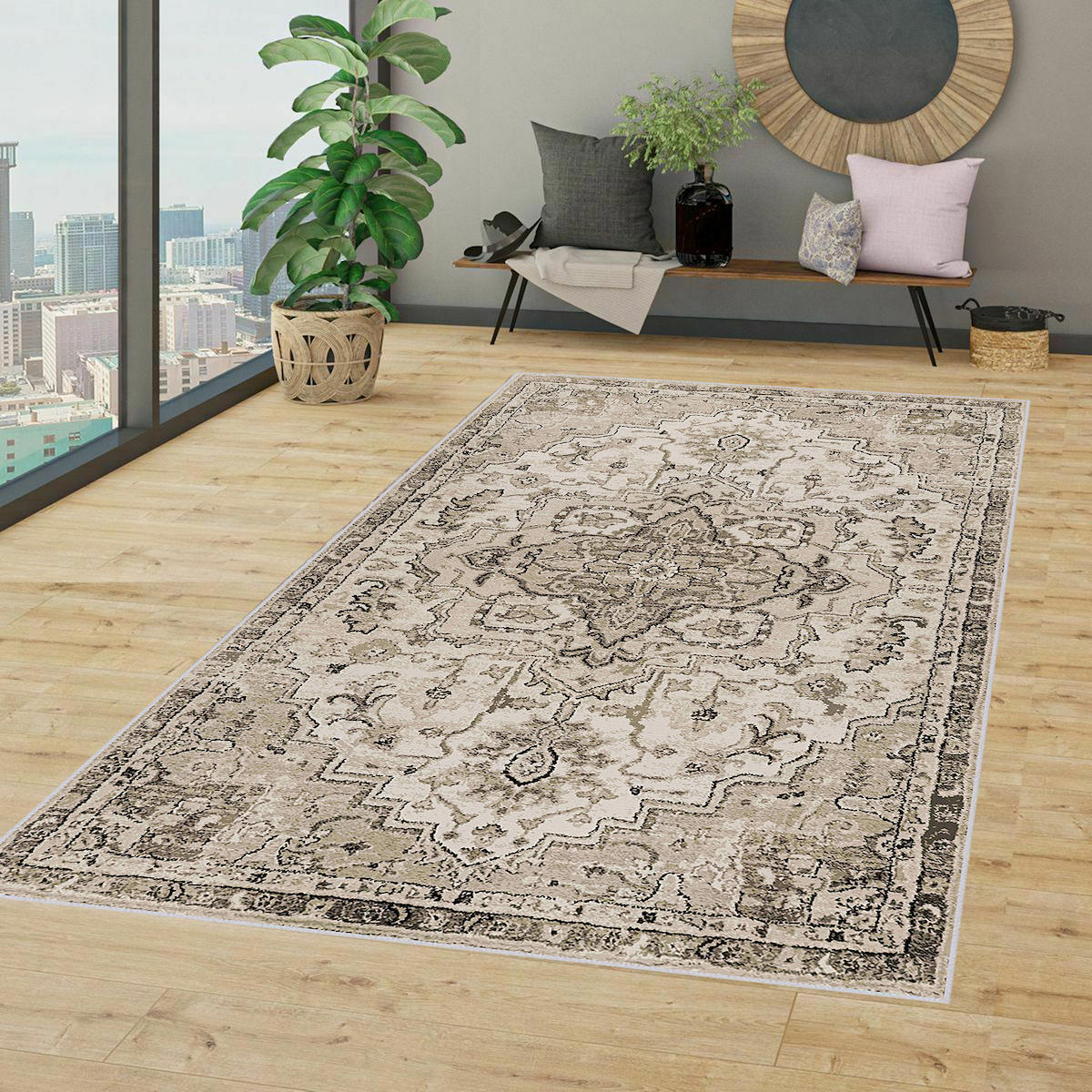 Rovigo Home RVG0795 Krem 8 mm Polyester Antibakteriyel-Leke Tutmaz-Toz Tutmaz Yıkanabilir İnce Kaymaz Dot Taban Dikdörtgen Makine Dokuma Salon Halısı 200x300 cm