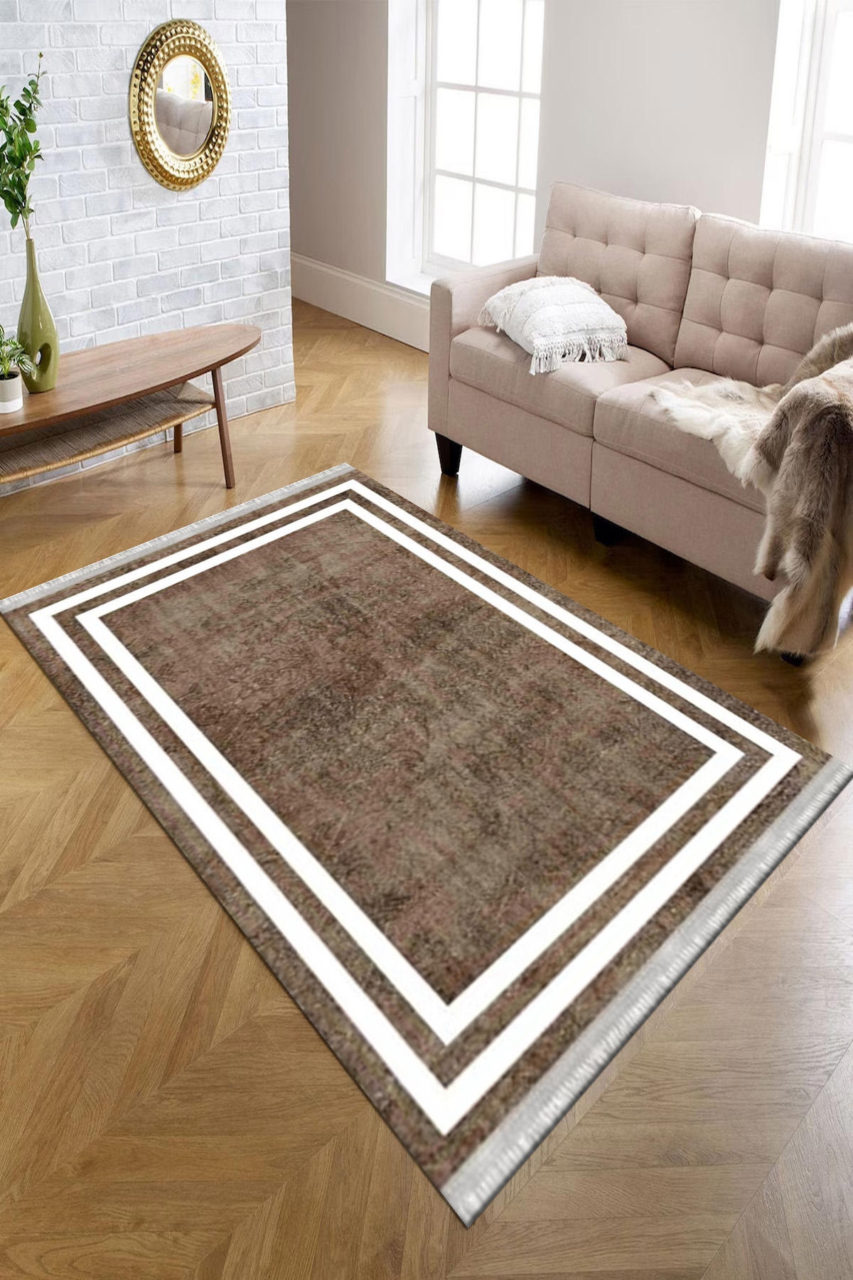 Kreatif Halı Gri 4 mm Polyester Antibakteriyel Yıkanabilir İnce Kaymaz Dot Taban Dikdörtgen Makine Dokuma Salon Halısı 160x230 cm
