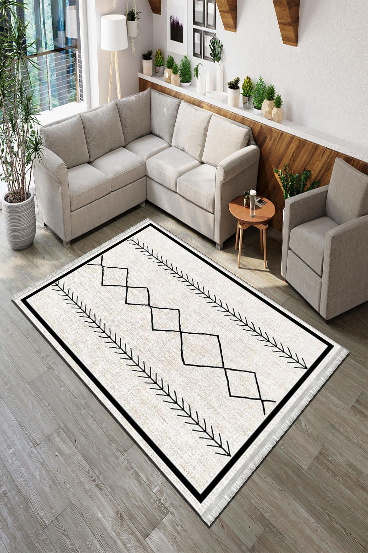 Roslyn Home Bej 6 mm Polyester Toz Tutmaz Yıkanabilir İnce Kaymaz Dot Taban Kare Makine Dokuma Salon Halısı 120x160 cm