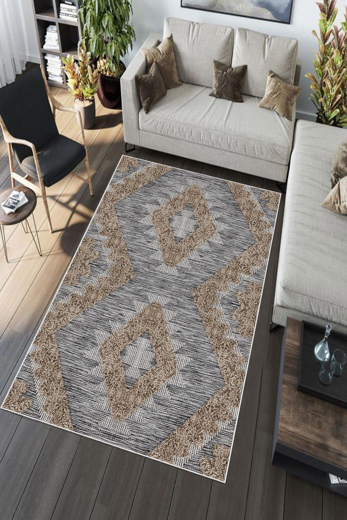 Aldora A129 Kahverengi 9 mm Deri Toz Tutmaz Yıkanabilir Orta Kaymaz Taban Dikdörtgen Makine Dokuma Salon Halısı 80x150 cm