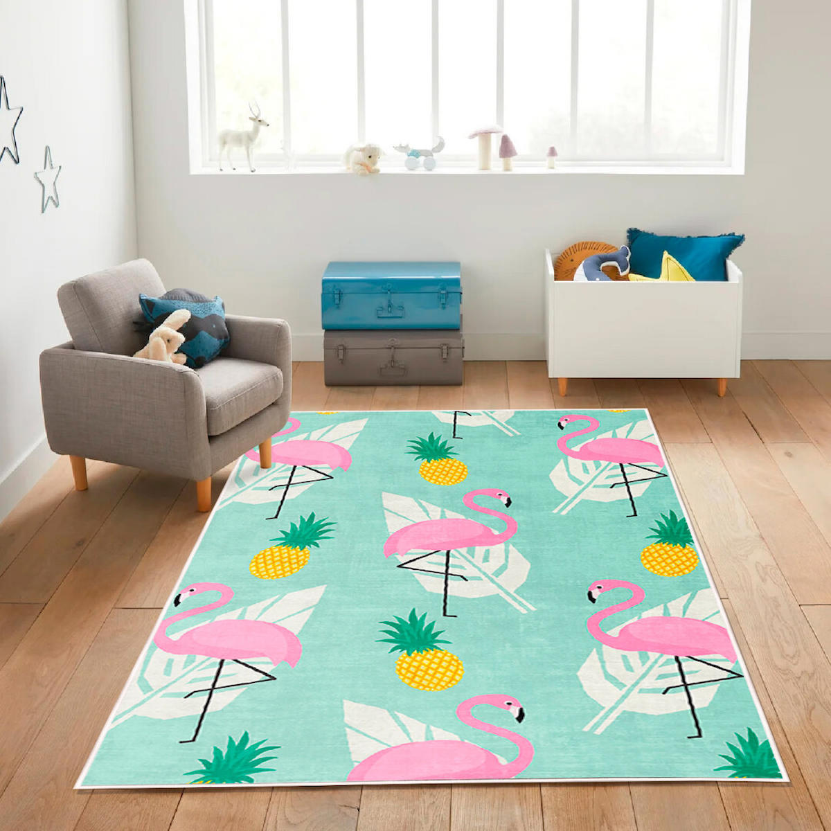 Homefesto Krem 5 mm Polyester Leke Tutmaz Yıkanabilir İnce Kaymaz Taban Hayvan Desenli Dikdörtgen Makine Dokuma Çocuk Odası Halısı 180x250 cm