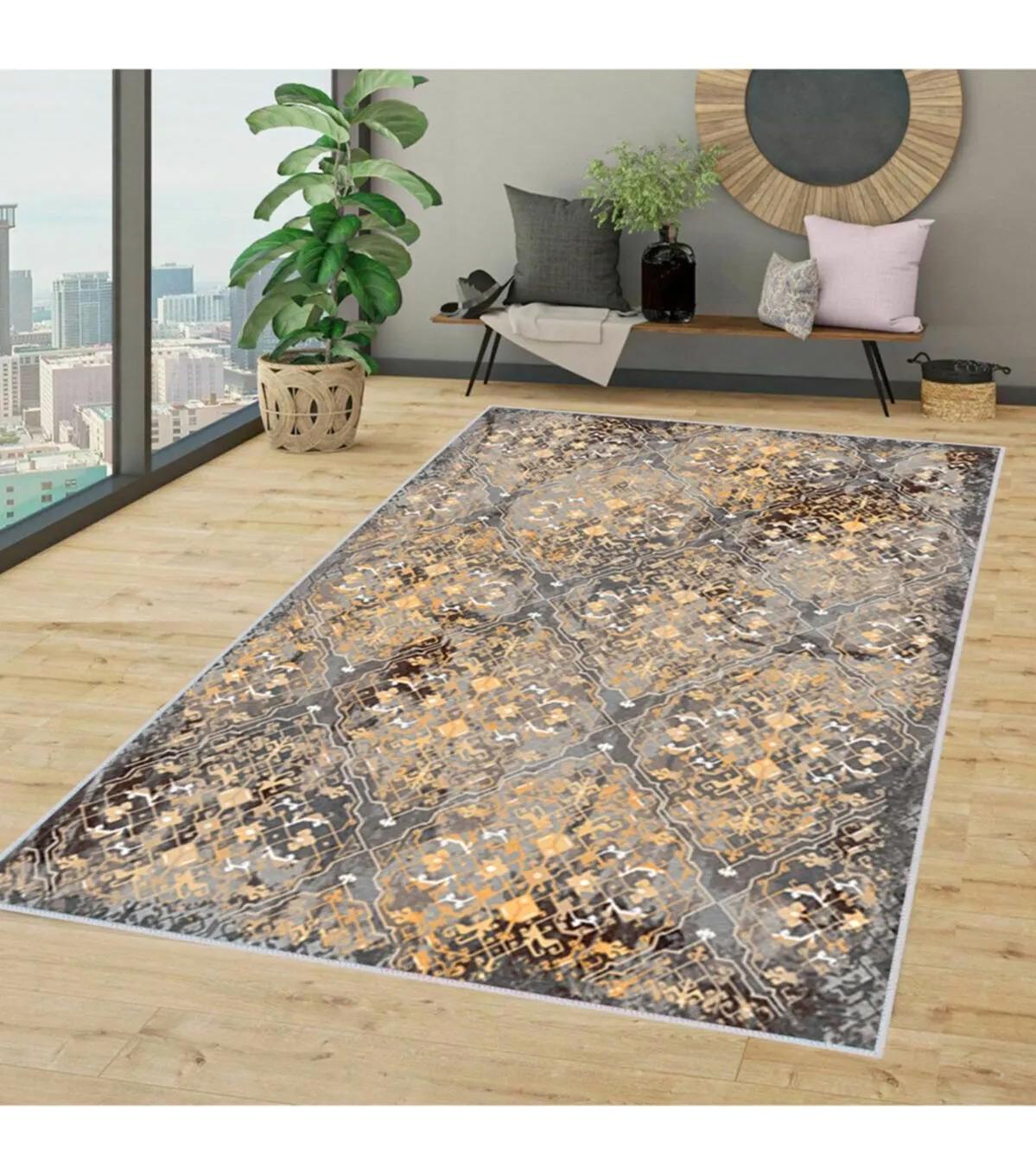 Rovigo Home RVG1352-HT377 Çok Renkli 8 mm Polyester Leke Tutmaz-Toz Tutmaz Yıkanabilir İnce Kaymaz Dot Taban Dikdörtgen Makine Dokuma Salon Halısı 100x150 cm