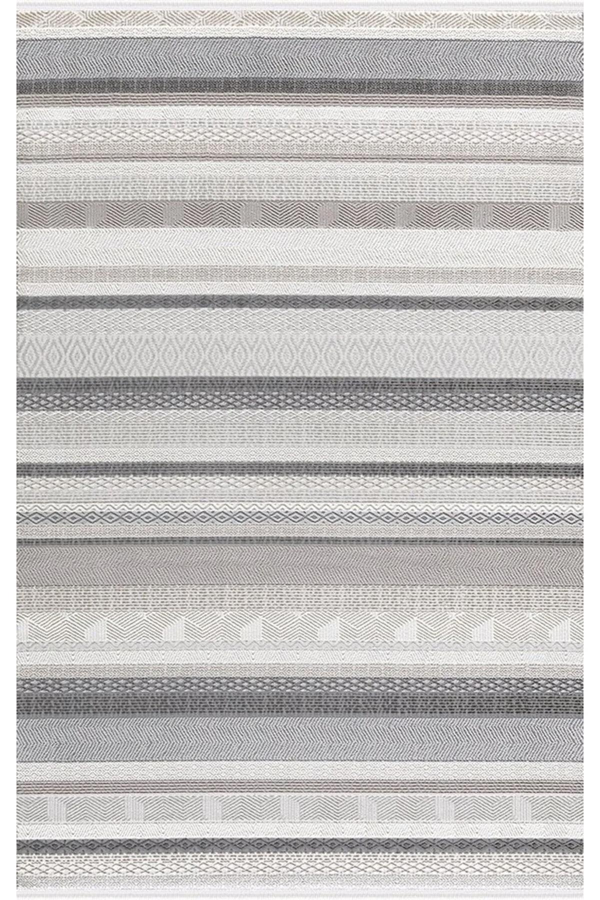 Merinos Recycle 38433 Krem 7 mm Pamuk Toz Tutmaz Yıkanabilir İnce Kaymaz Geometrik Dikdörtgen Makine Dokuma Salon Halısı 80x200 cm