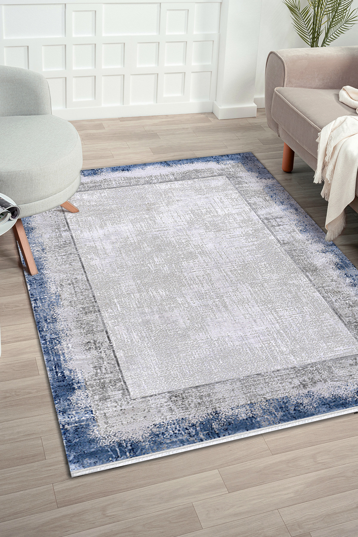 Konfor Halı Mirissa 9409 Beyaz-Mavi 10 mm Akrilik Yıkanabilir Kalın Dot Taban Dikdörtgen Makine Dokuma Salon Halısı 80x500 cm