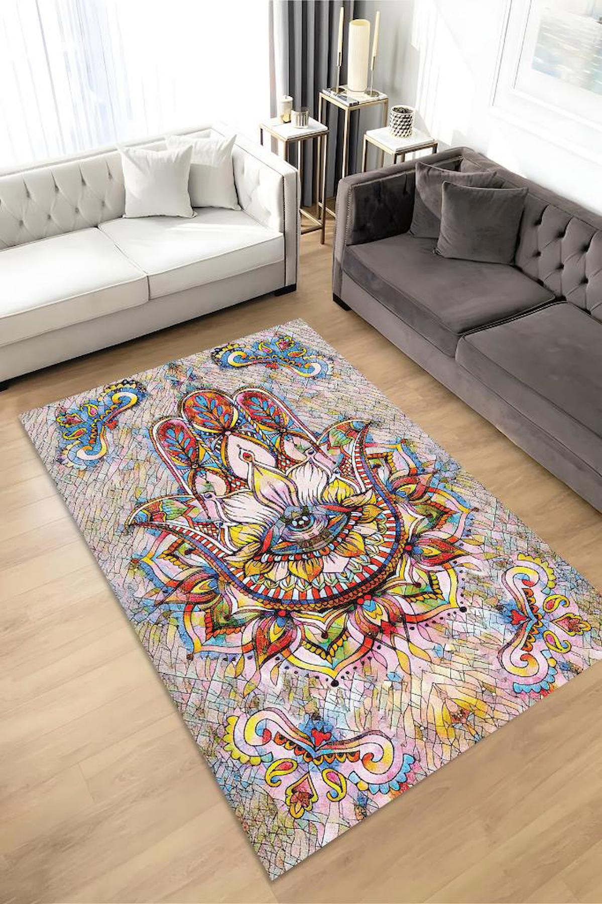 Homshtag Fatmanı Eli Krem 4 mm Pamuk Antistatik Yıkanabilir İnce Kaymaz Dikdörtgen Makine Dokuma Salon Halısı 160x160 cm