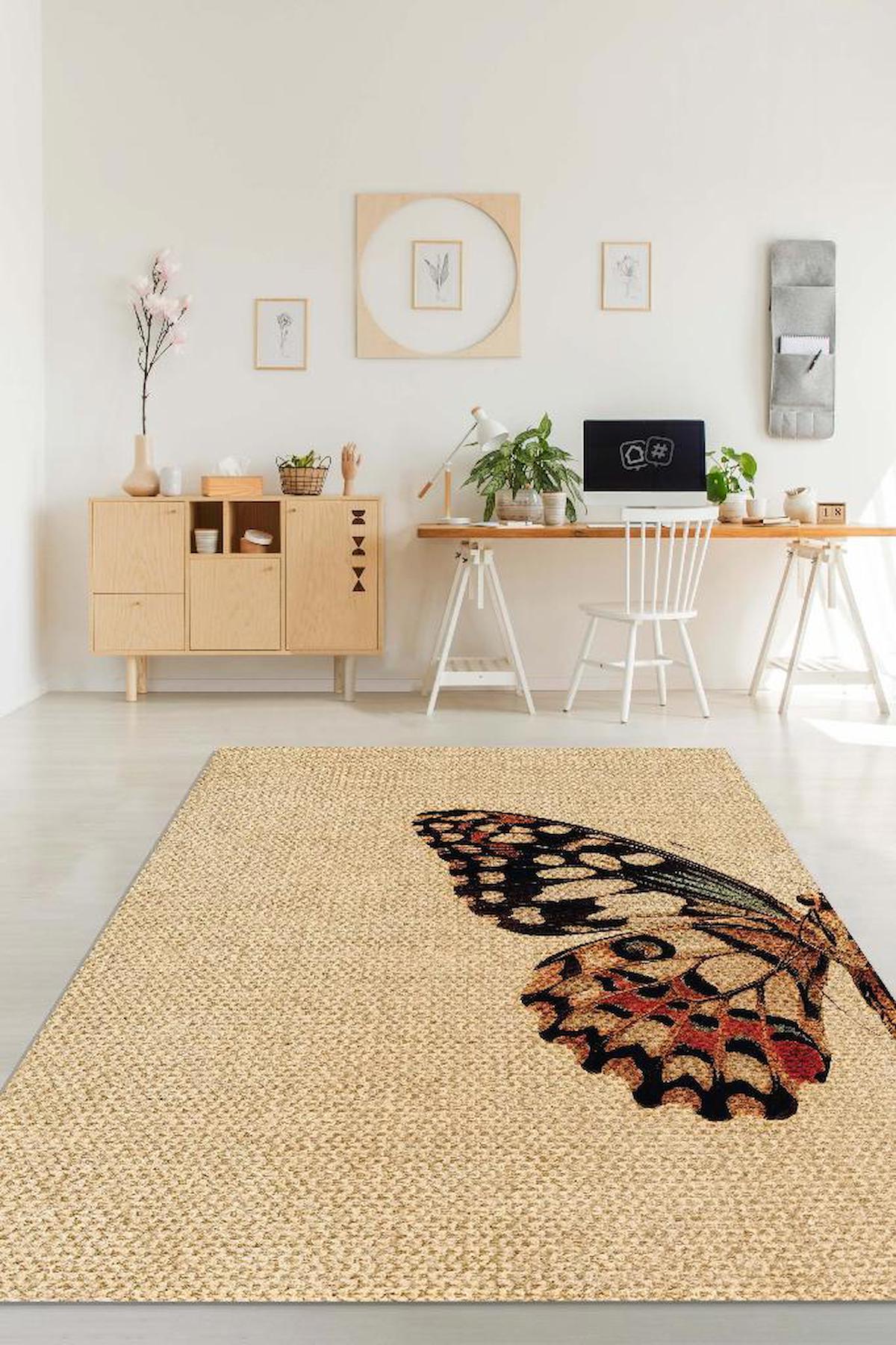 Homshtag Kelebek Kanadı Krem 4 mm Pamuk Antistatik Yıkanabilir İnce Kaymaz Dikdörtgen Makine Dokuma Salon Halısı 120x120 cm