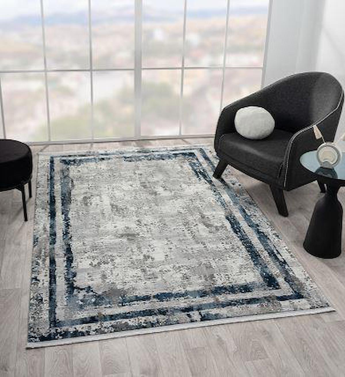 Çam Halı Maya MV003G Lacivert 11 mm Polyester Silinebilir Yıkanabilir Orta Dikdörtgen Makine Dokuma Salon Halısı 140x200 cm