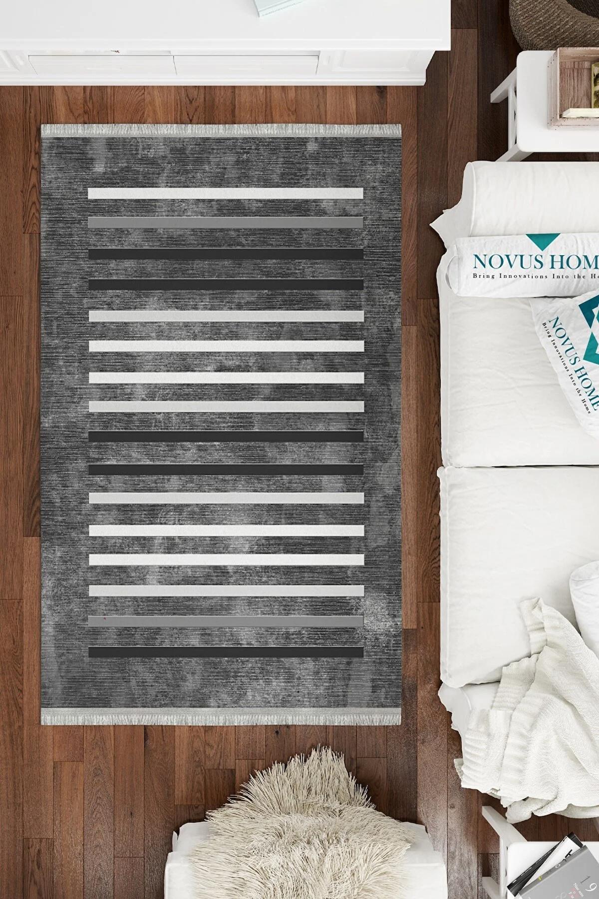 Novus Home Antrasit - Beyaz 6 mm Pamuk Antibakteriyel Yıkanabilir İnce Kaymaz Taban Dikdörtgen Makine Dokuma Antre-Salon-Yatak Odası Halısı 100x300 cm