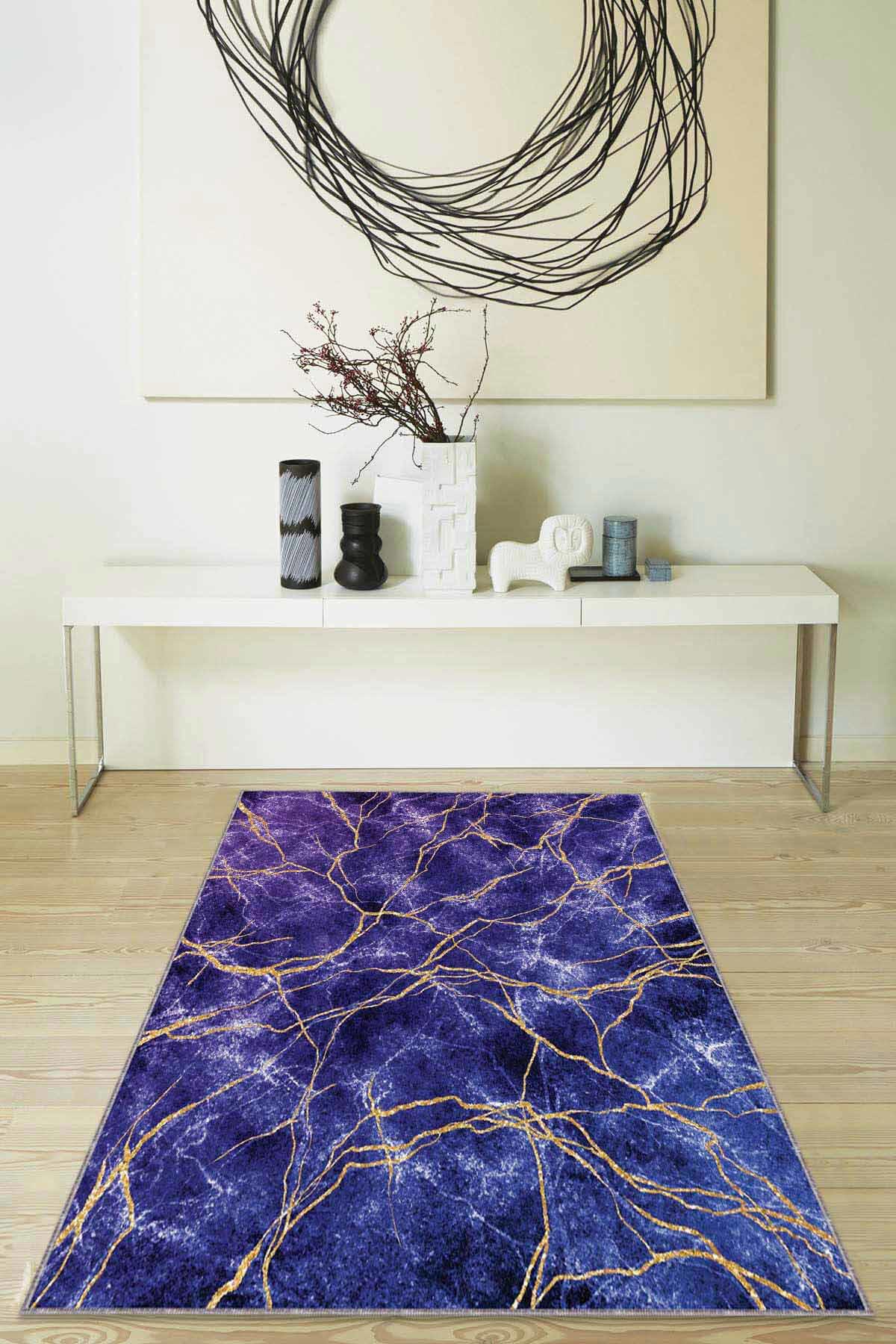 Viva Home RV125 Mor 7 mm Mikropolyester Antibakteriyel Yıkanabilir İnce Kaymaz Dot Taban Dikdörtgen Makine Dokuma Salon Halısı 100x150 cm