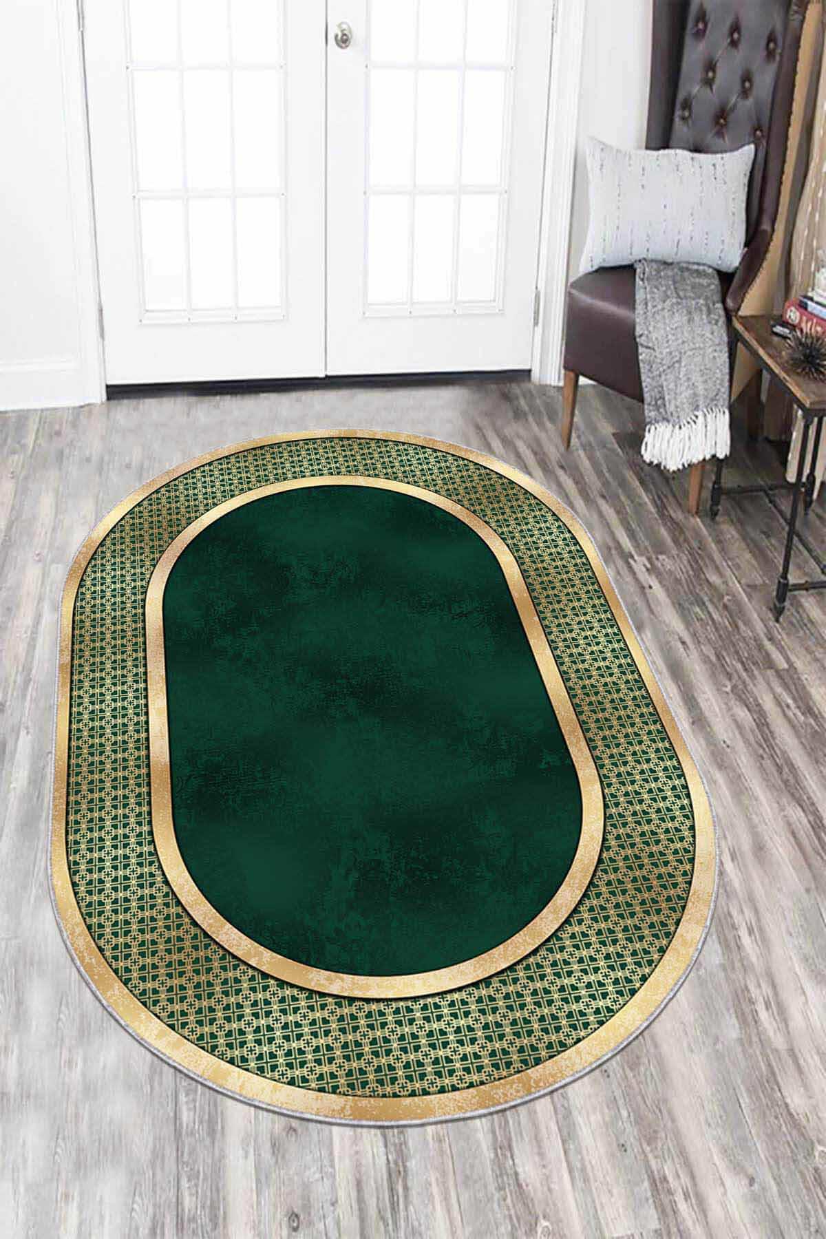Viva Home AR731 Altın-Yeşil 7 mm Mikropolyester Yalıtıma Yardımcı Yıkanabilir İnce Kaymaz Taban Oval Makine Dokuma Antre Halısı 160x230 cm
