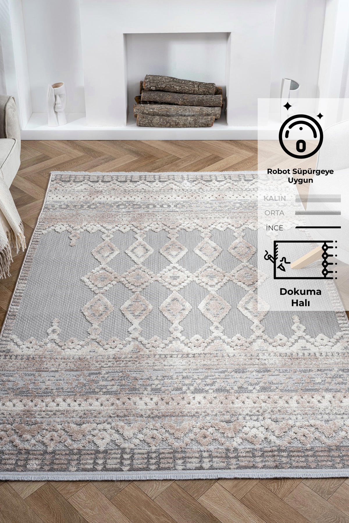 Konfor Halı Value 9903 Gri 5 mm Polyester Yıkanabilir Dikdörtgen Makine Dokuma Salon Halısı 200x300 cm