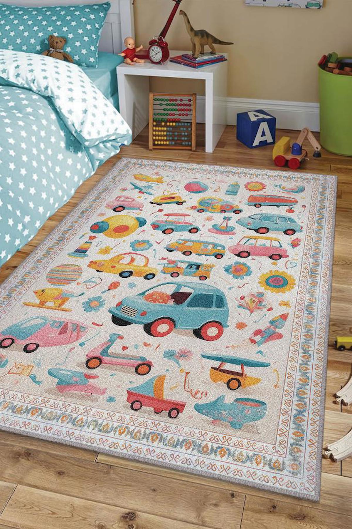 Homshtag Krem 4 mm Pamuk Antistatik Yıkanabilir İnce Kaymaz Geometrik Dikdörtgen Makine Dokuma Çocuk Odası Halısı 200x290 cm