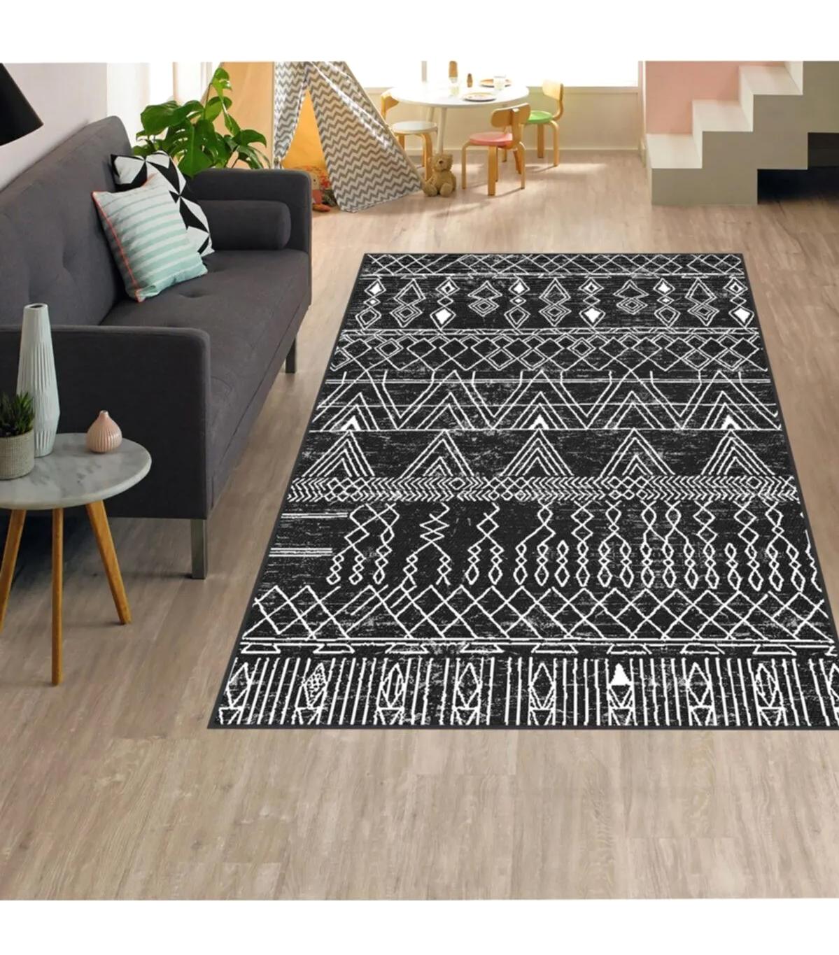 Rovigo Home RVG1324 Gri-Siyah 8 mm Polyester Leke Tutmaz-Toz Tutmaz Yıkanabilir İnce Kaymaz Dot Taban Dikdörtgen Makine Dokuma Salon Halısı 180x180 cm