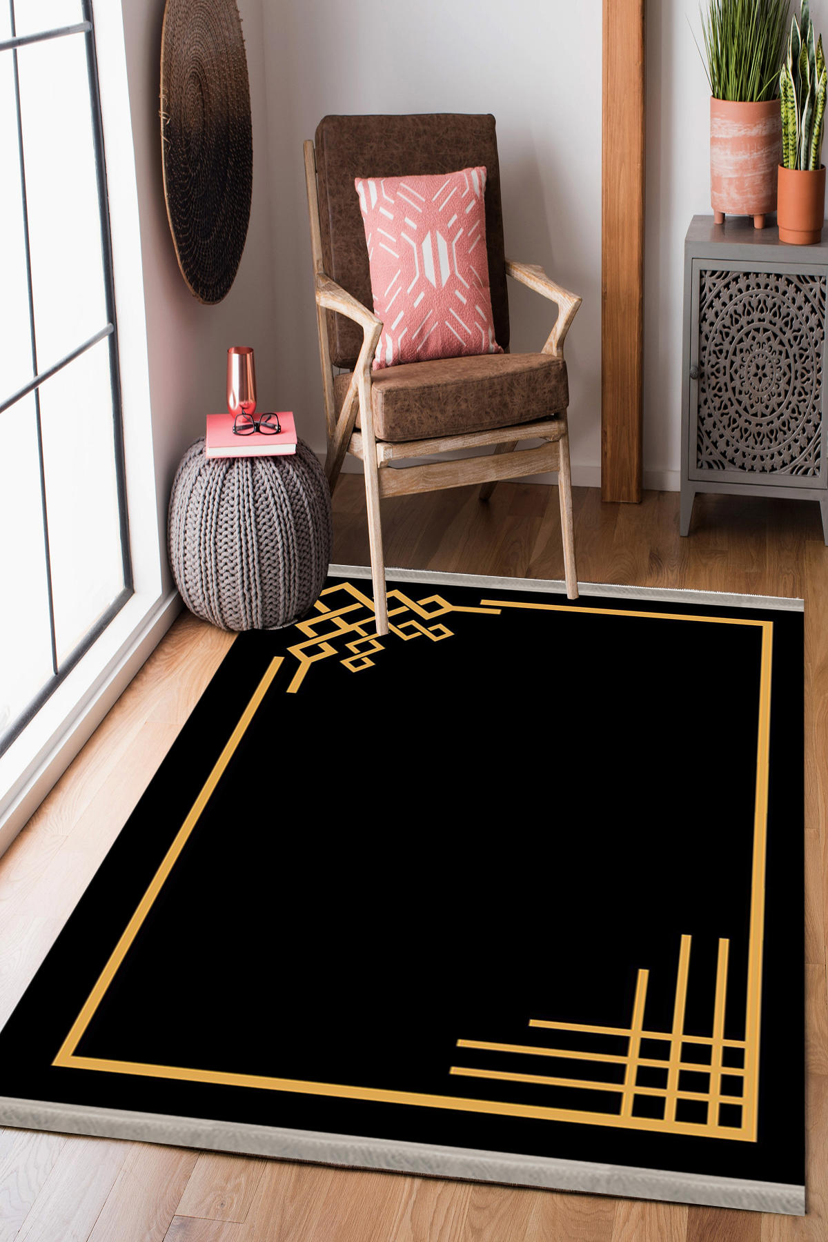 Homier Collection H-KS-3093B Altın-Siyah 7 mm Pamuk Antibakteriyel Yıkanabilir Orta Kaymaz Dot Taban Dikdörtgen Makine Dokuma Salon Halısı 180x180 cm