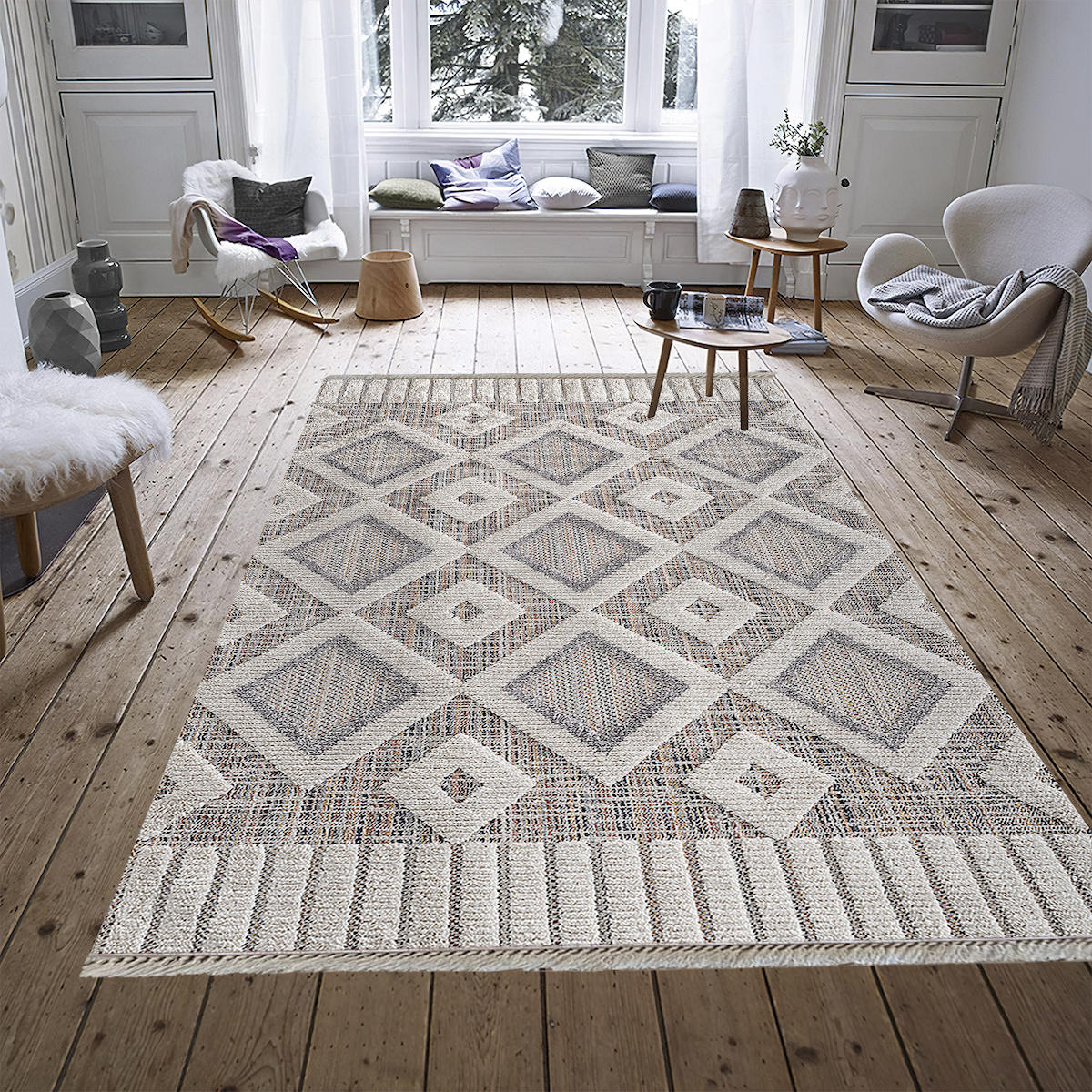 Aldora Beyaz-Gri 0.8 mm Polipropilen Yıkanabilir İnce Kaymaz Jüt Taban Dikdörtgen Makine Dokuma Salon Halısı 80x500 cm